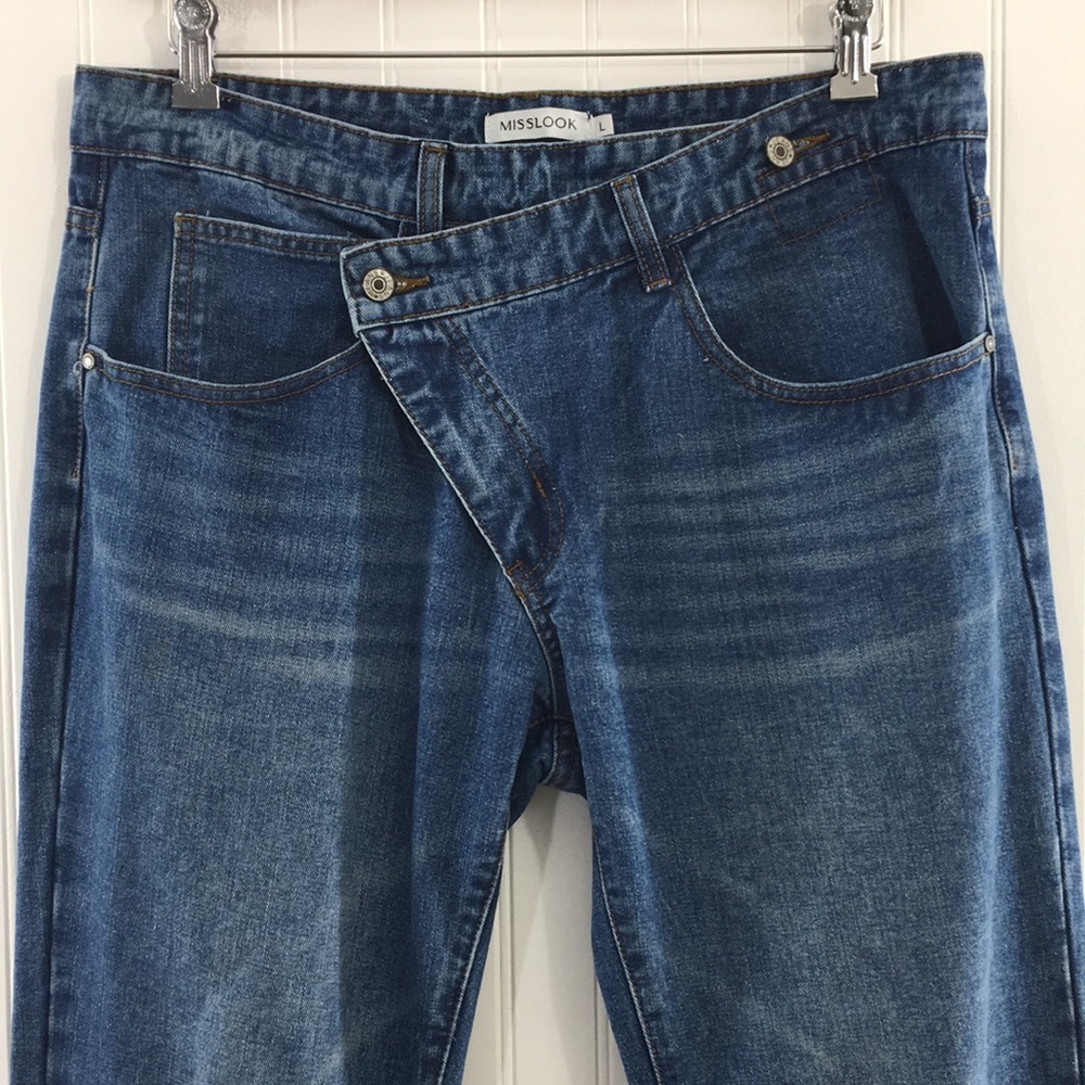 Misslook Straight Jeans Womens Large Medium Wash Denim Raw Hem‎ Cuffed